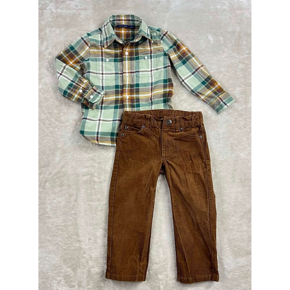 Janie and Jack Toddler Plaid Flannel Shirt and Corduroy Pants Set 2T Brown Green
